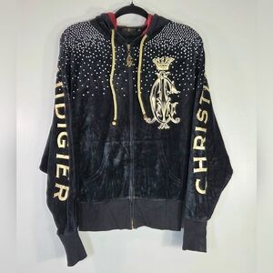 VINTAGE CHRISTIAN AUDIGIER VELOUR RHINESTONE HOODIE.